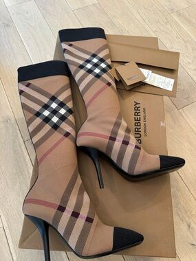 Burberry Tan and Black Check Stretch Sock Booties